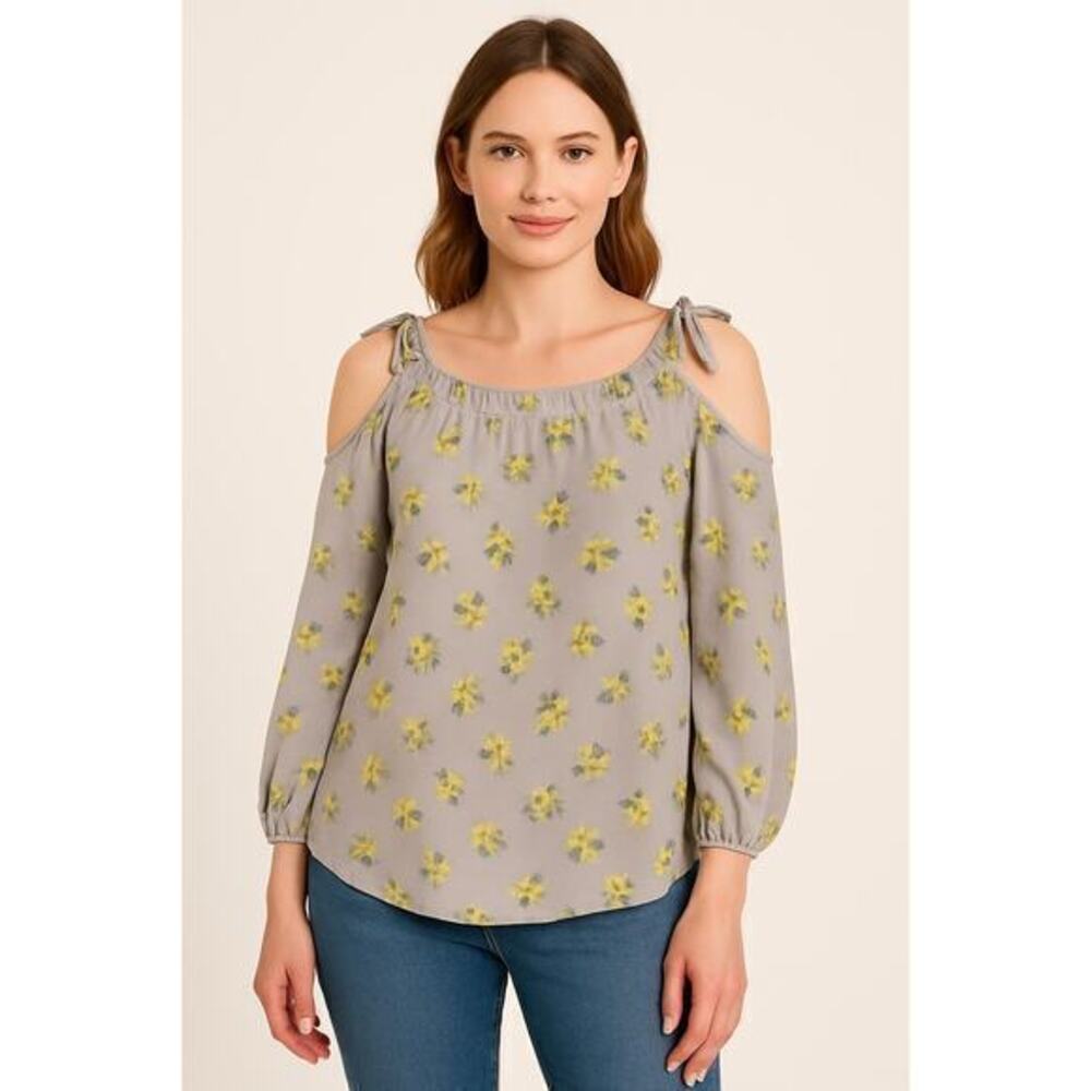 Rebecca Taylor Women Cold Shoulder ditsy Floral Blouse Silk Gray Yellow size 4